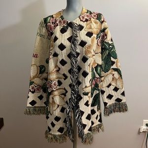 Handmade Upcycled Floral Fringe Hippie Boho Blanket Cardigan Sweater